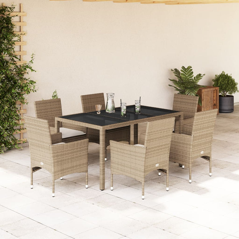 7-delige Tuinset met kussens poly rattan en glas beige
