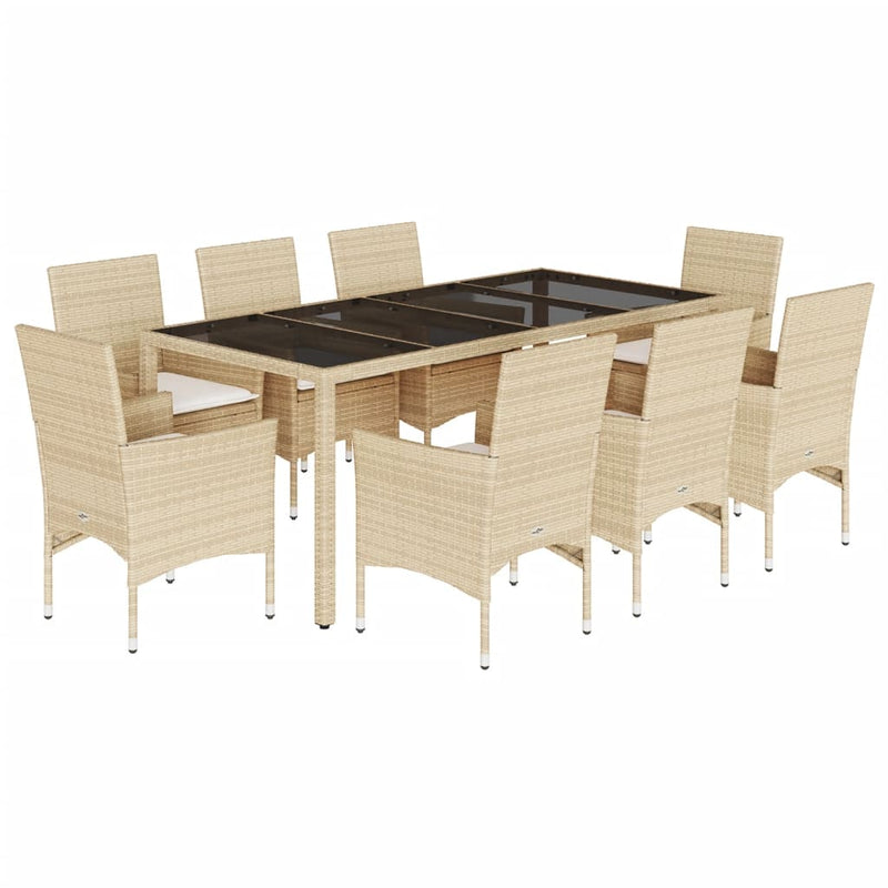 9-delige Tuinset met kussens poly rattan en glas beige