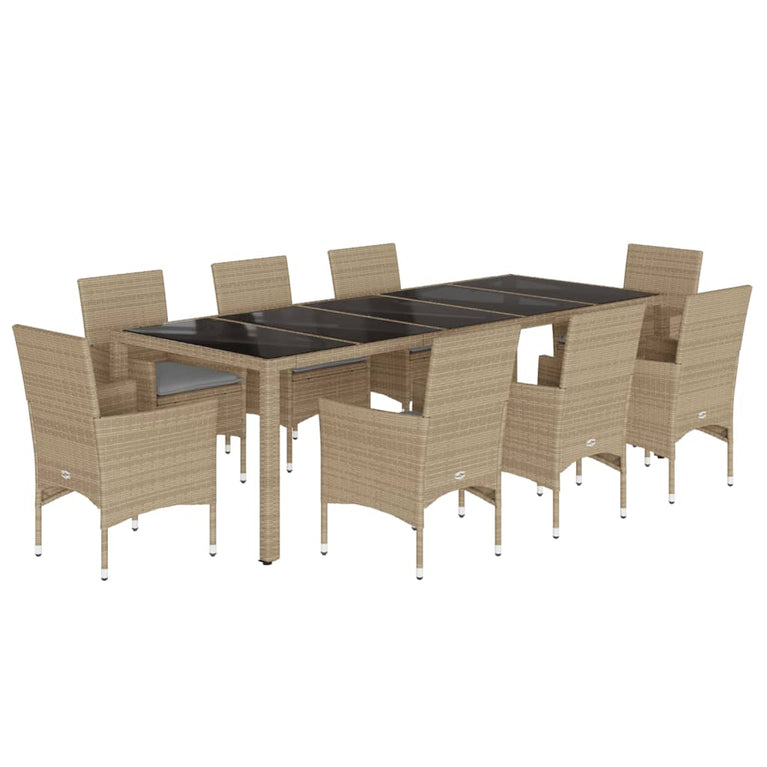 9-delige Tuinset met kussens poly rattan en glas beige