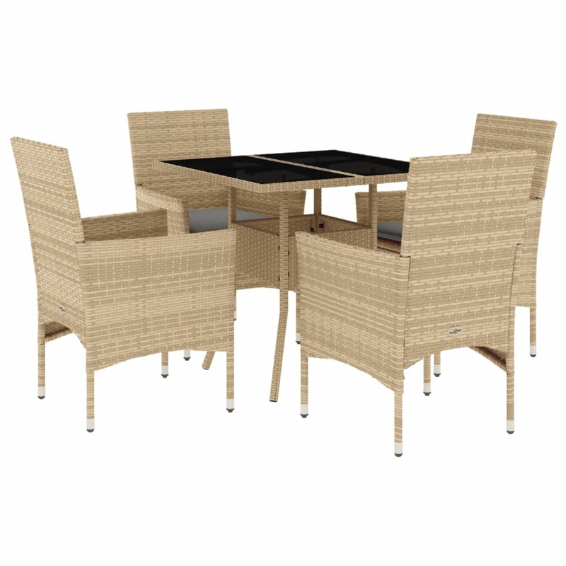 5-delige Tuinset met kussens poly rattan en glas beige