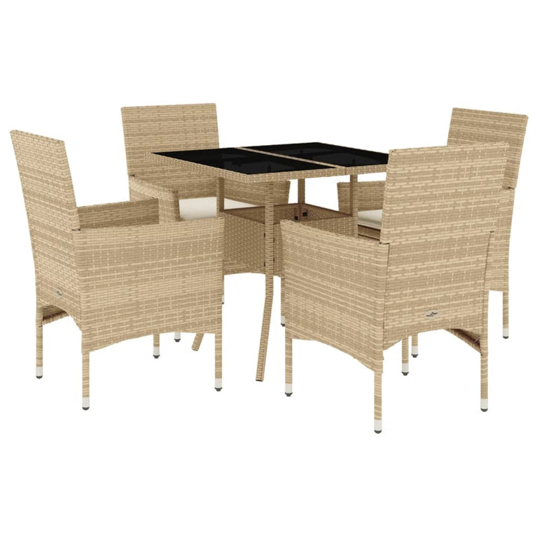 5-delige Tuinset met kussens poly rattan en glas beige