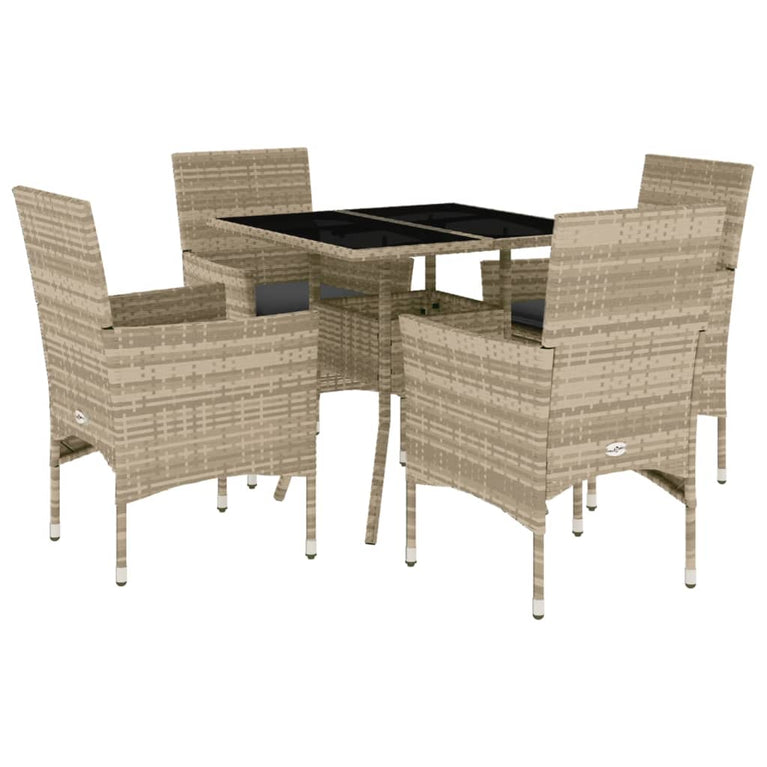 5-delige Tuinset met kussens poly rattan en glas lichtgrijs