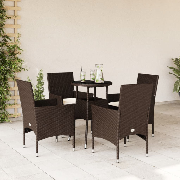 5-delige Tuinset met kussens poly rattan en glas bruin