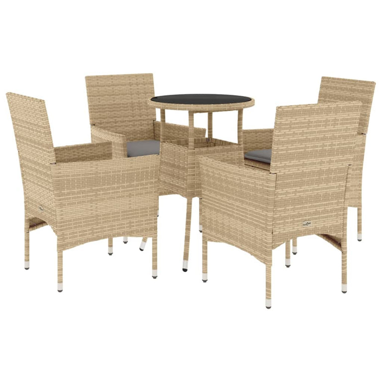 5-delige Tuinset met kussens poly rattan en glas beige