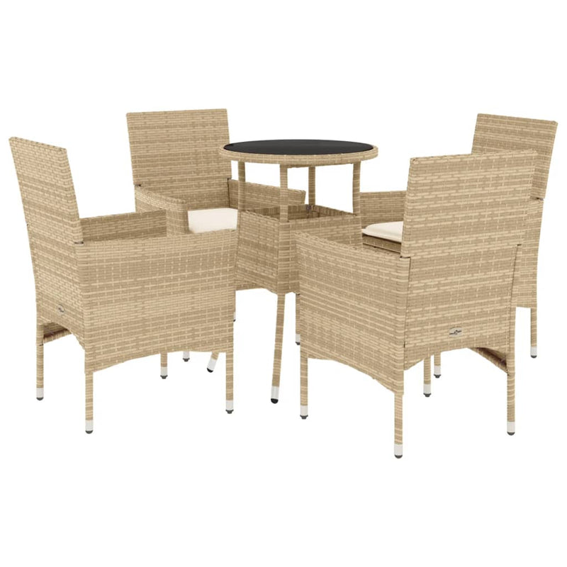 5-delige Tuinset met kussens poly rattan en glas beige