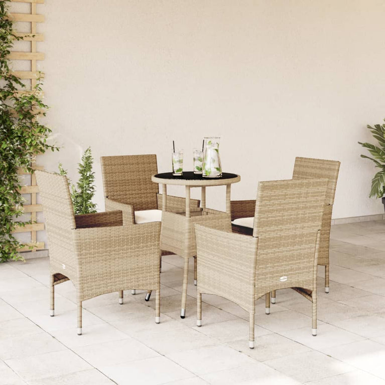 5-delige Tuinset met kussens poly rattan en glas beige