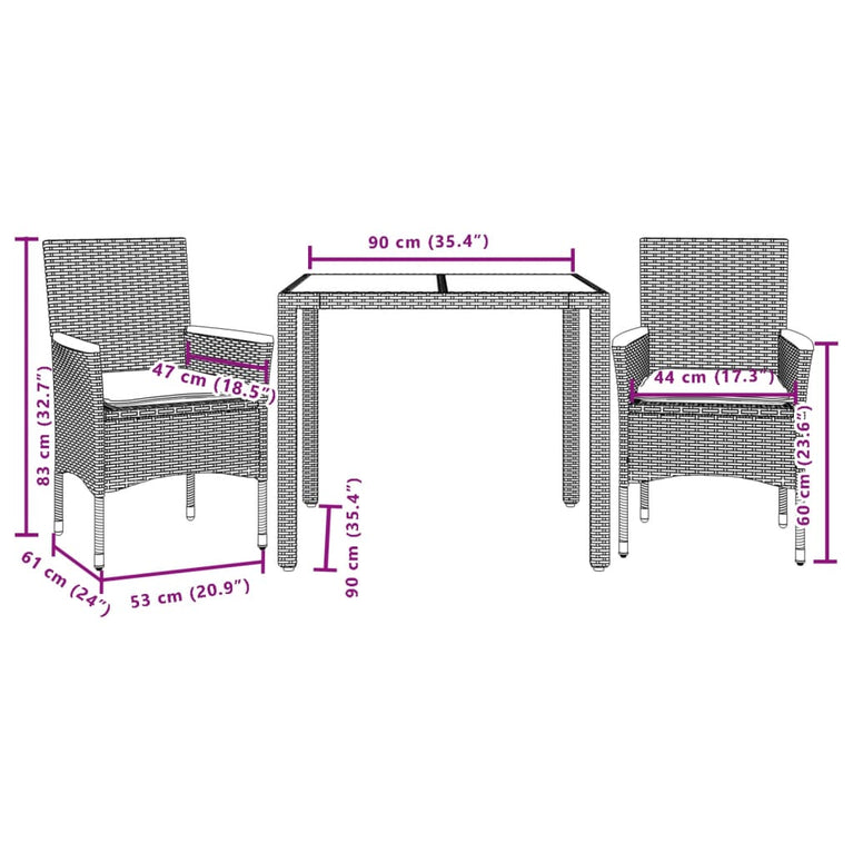 3-delige Tuinset met kussens poly rattan en acaciahout grijs