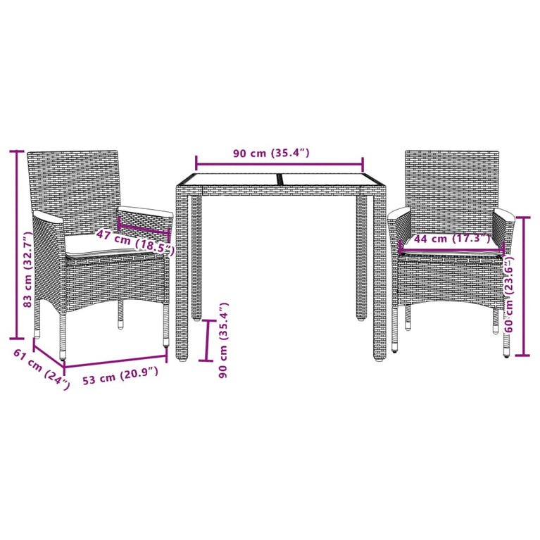 3-delige Tuinset met kussens poly rattan en acaciahout beige