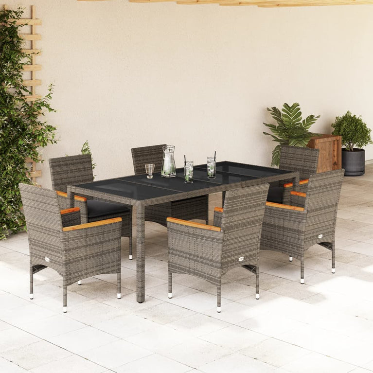 7-delige Tuinset met kussens poly rattan en glas grijs