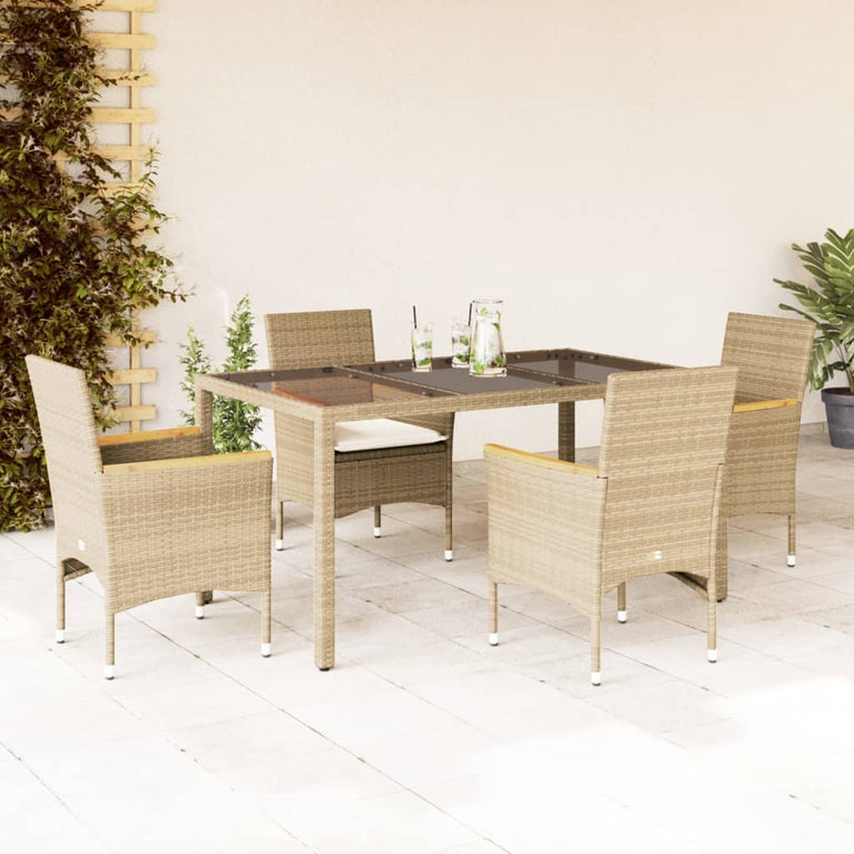 5-delige Tuinset met kussens poly rattan en glas beige
