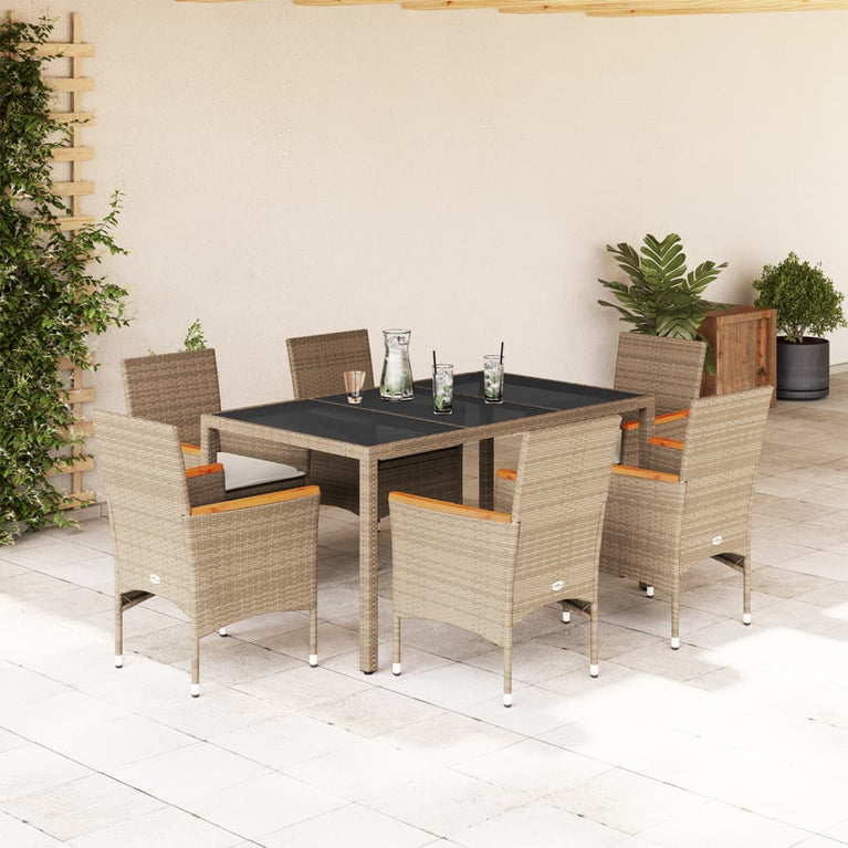7-delige Tuinset met kussens poly rattan en glas beige