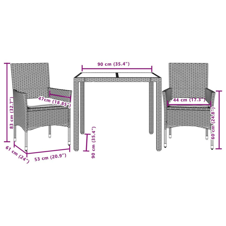 3-delige Tuinset met kussens poly rattan en acaciahout beige