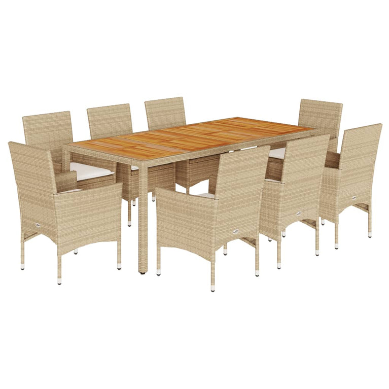 9-delige Tuinset met kussens poly rattan en acaciahout beige
