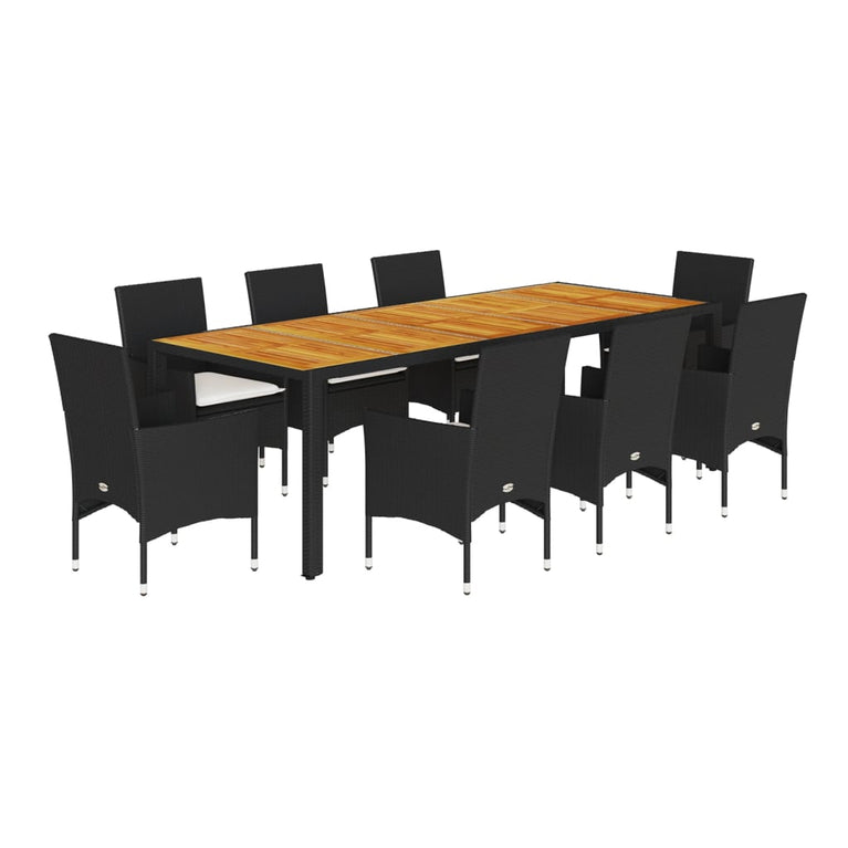 9-delige Tuinset met kussens poly rattan en acaciahout zwart