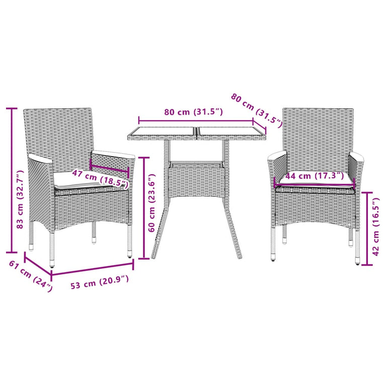 3-delige Tuinset met kussens poly rattan en acaciahout zwart