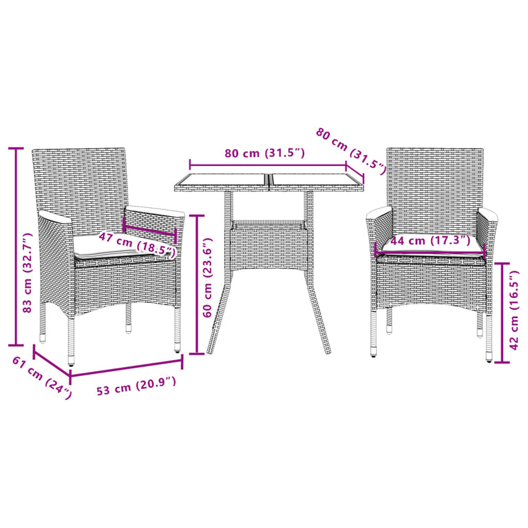 3-delige Tuinset met kussens poly rattan en acaciahout grijs