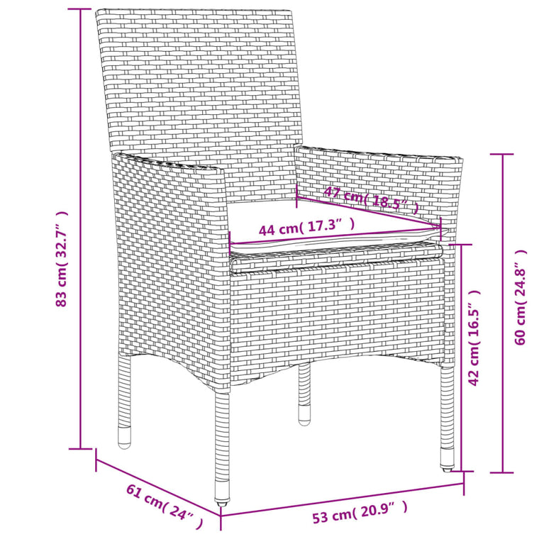 3-delige Tuinset met kussens poly rattan en acaciahout grijs