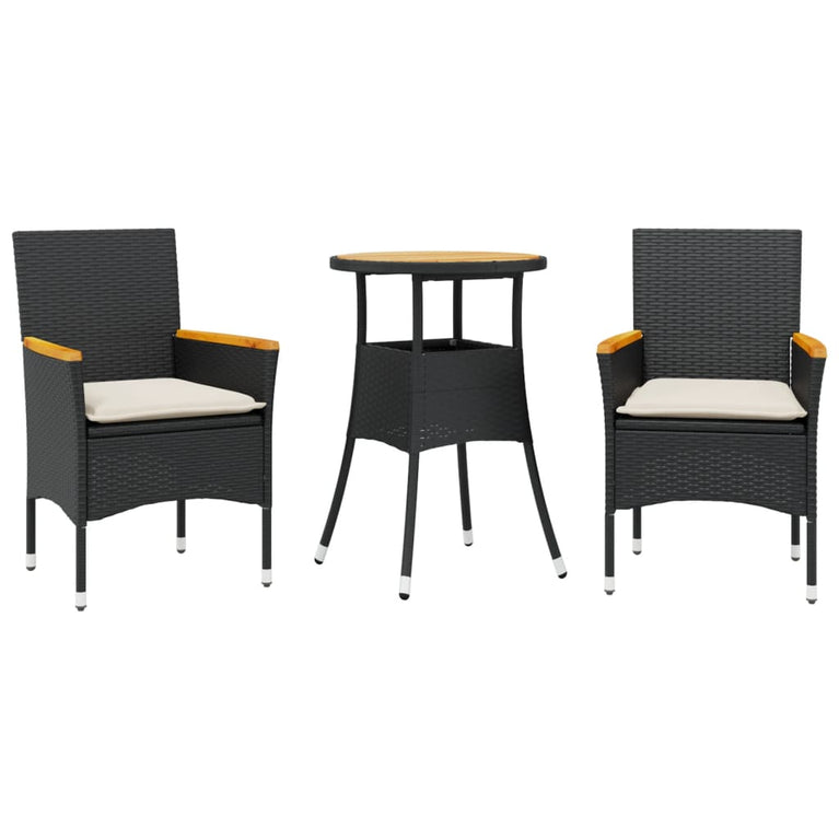 3-delige Tuinset met kussens poly rattan en acaciahout zwart
