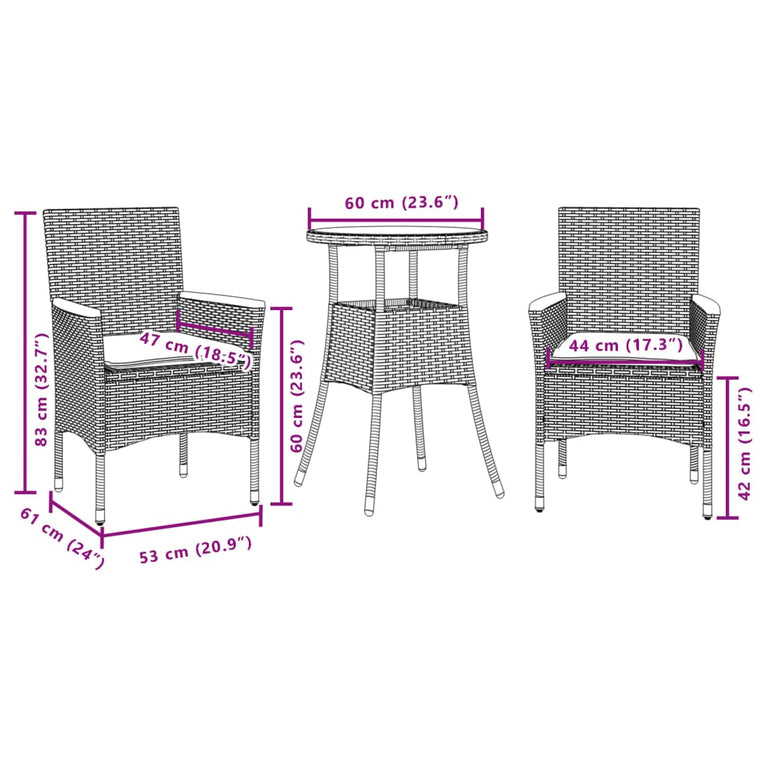 3-delige Tuinset met kussens poly rattan en acaciahout zwart