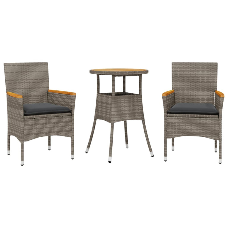 3-delige Tuinset met kussens poly rattan en acaciahout grijs