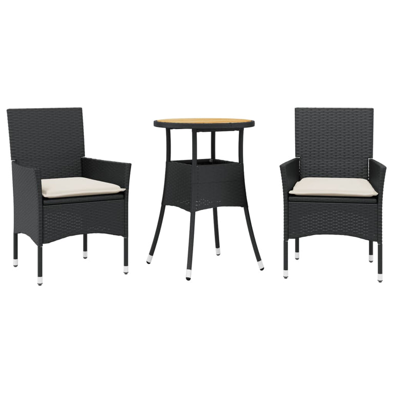 3-delige Tuinset met kussens poly rattan en acaciahout zwart