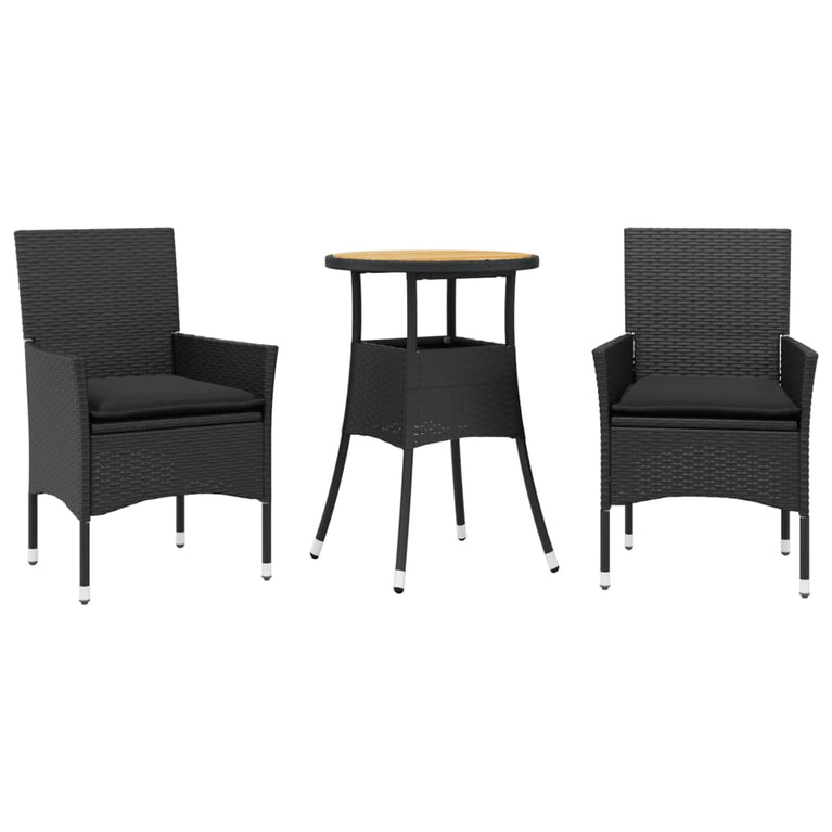 3-delige Tuinset met kussens poly rattan en acaciahout zwart