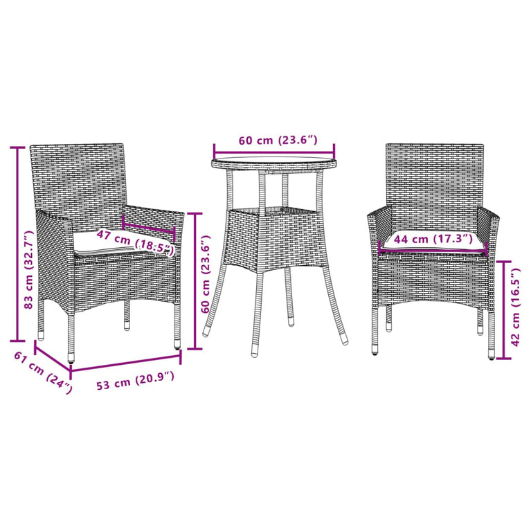 3-delige Tuinset met kussens poly rattan en acaciahout grijs