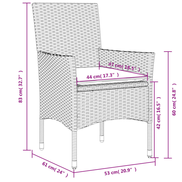 3-delige Tuinset met kussens poly rattan en acaciahout grijs