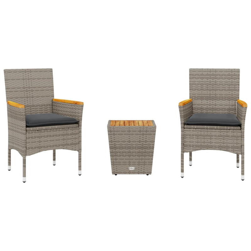 3-delige Bistroset met kussens poly rattan en glas grijs