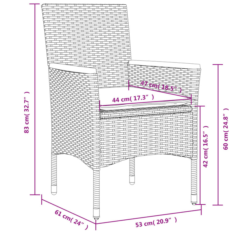 3-delige Bistroset met kussens poly rattan en glas grijs