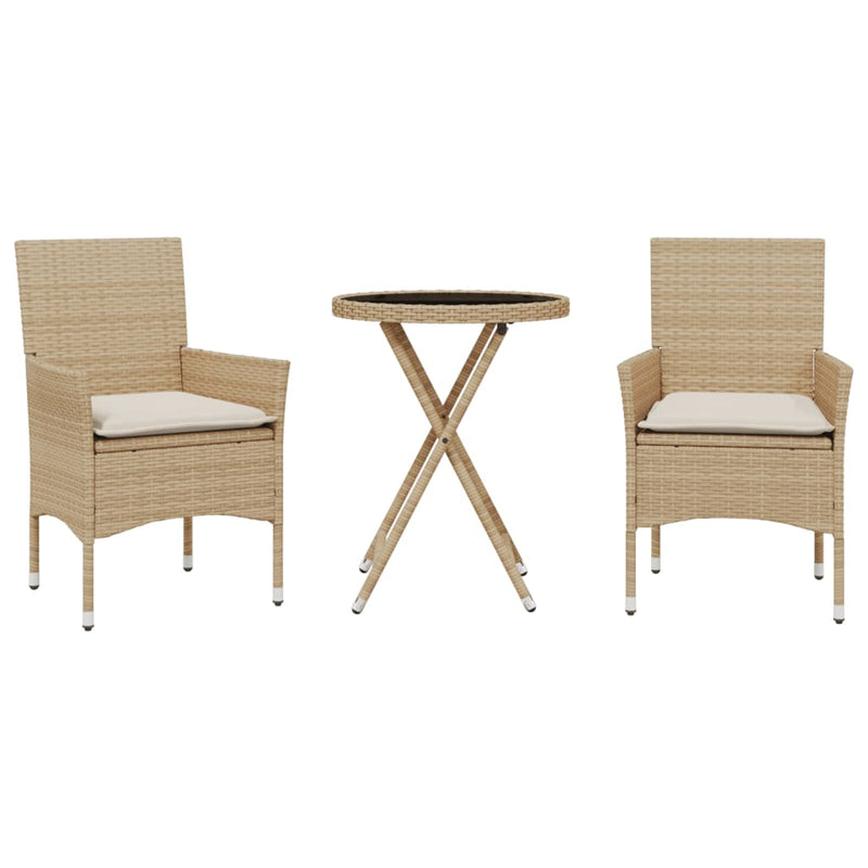 3-delige Bistroset met kussens poly rattan en glas beige