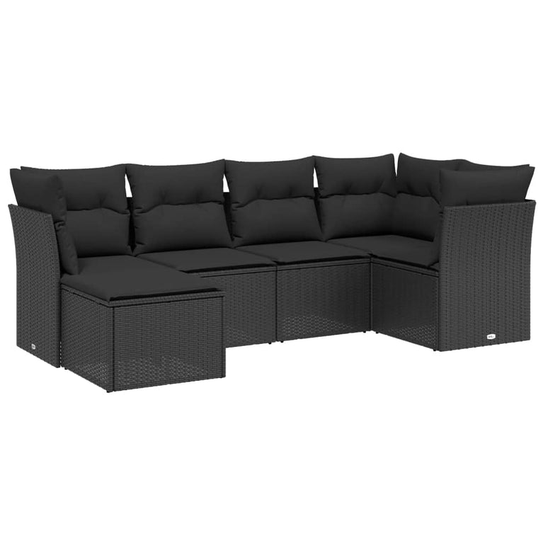 6-delige Loungeset met kussens poly rattan zwart