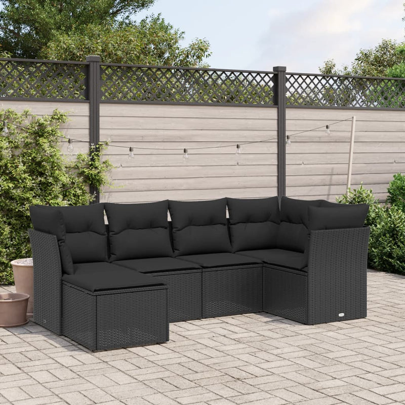 6-delige Loungeset met kussens poly rattan zwart