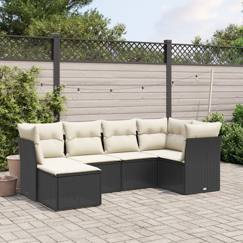 6-delige Loungeset met kussens poly rattan zwart