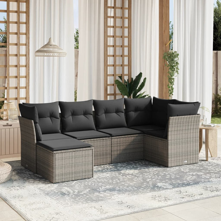 6-delige Loungeset met kussens poly rattan grijs