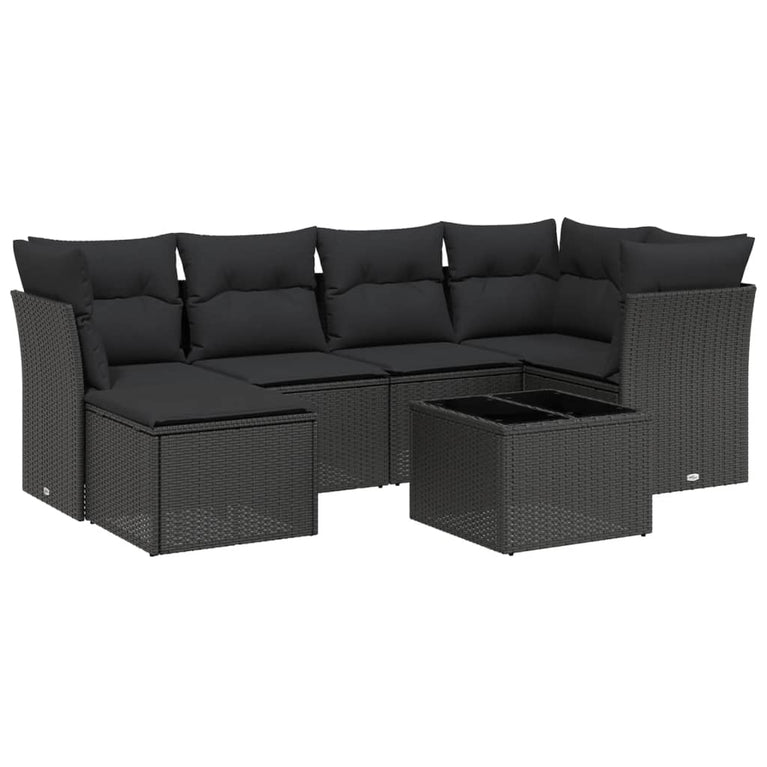 7-delige Loungeset met kussens poly rattan zwart