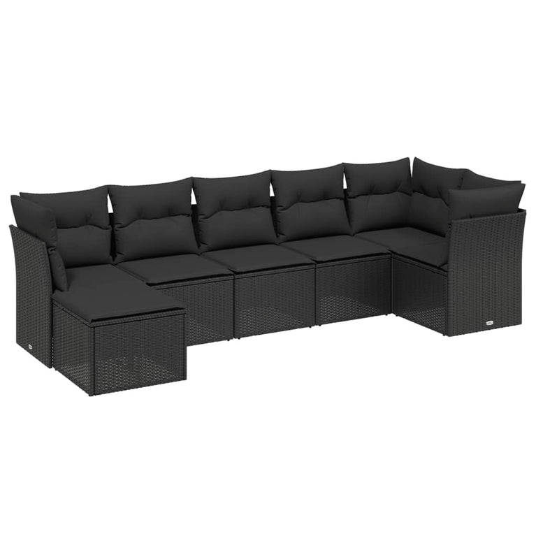 7-delige Loungeset met kussens poly rattan zwart