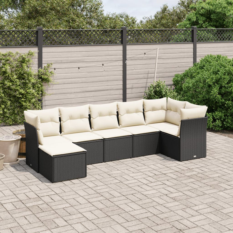 7-delige Loungeset met kussens poly rattan zwart