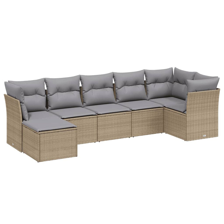 7-delige Loungeset met kussens poly rattan gemengd beige