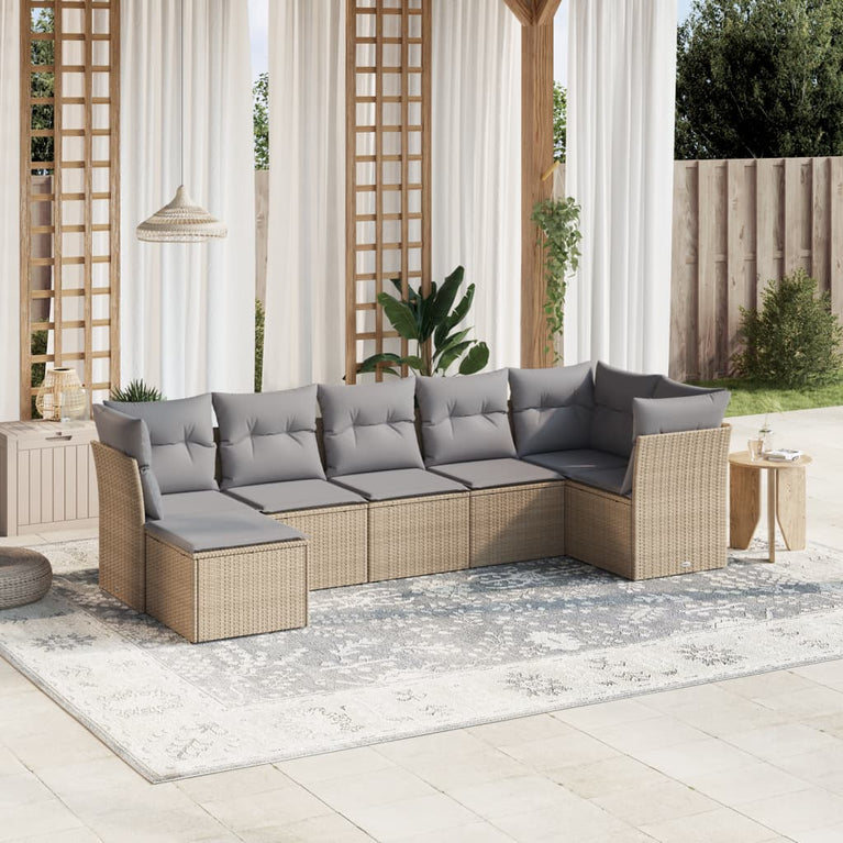 7-delige Loungeset met kussens poly rattan gemengd beige