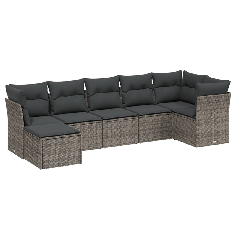 7-delige Loungeset met kussens poly rattan grijs
