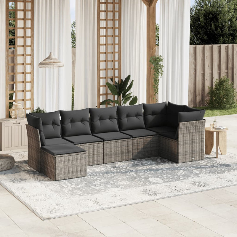 7-delige Loungeset met kussens poly rattan grijs