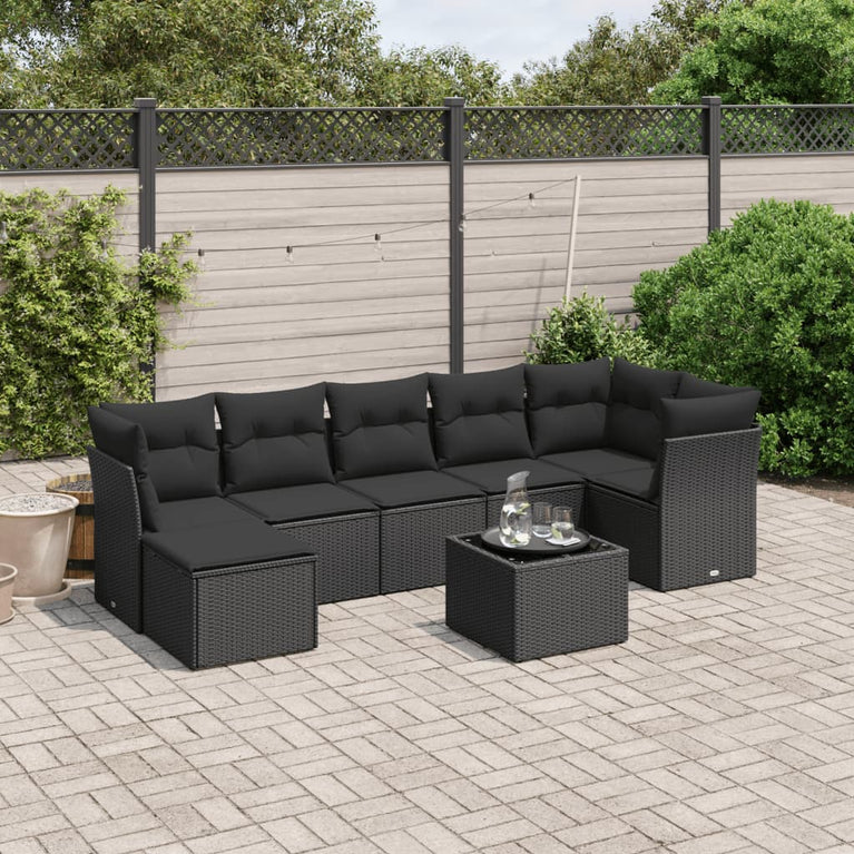8-delige Loungeset met kussens poly rattan zwart