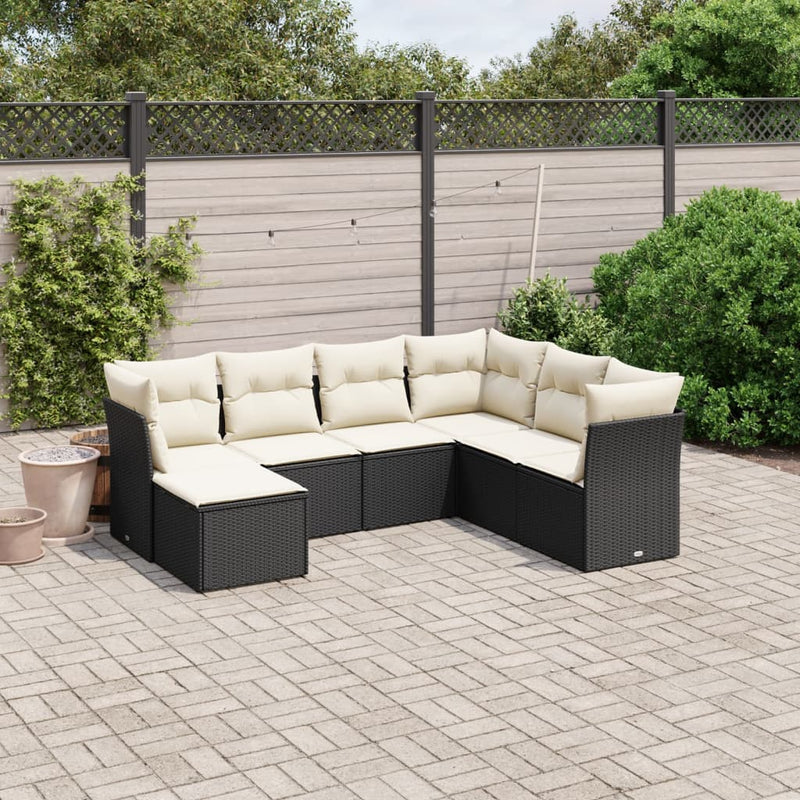 7-delige Loungeset met kussens poly rattan zwart