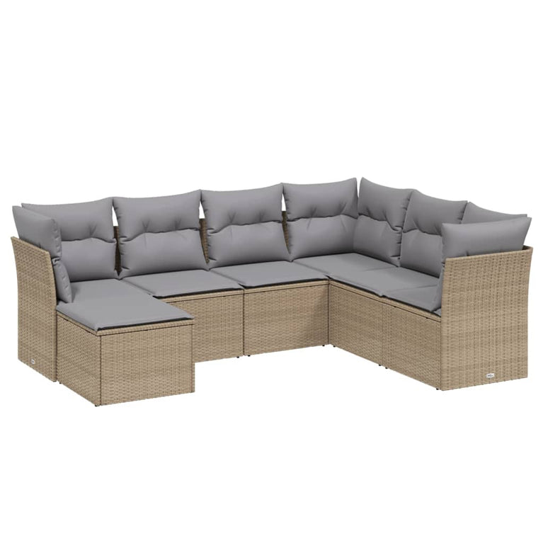 7-delige Loungeset met kussens poly rattan gemengd beige
