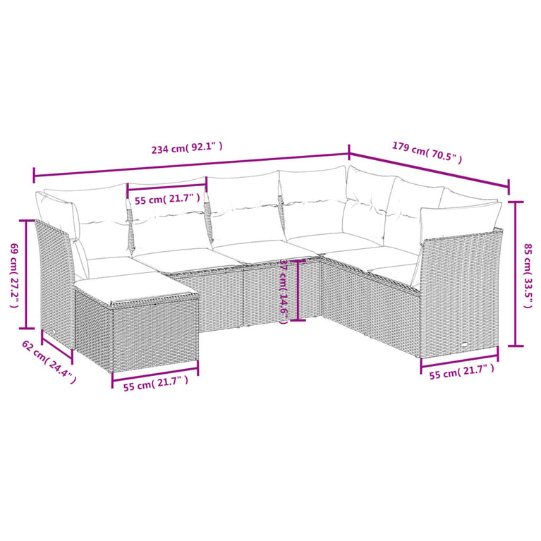 7-delige Loungeset met kussens poly rattan grijs
