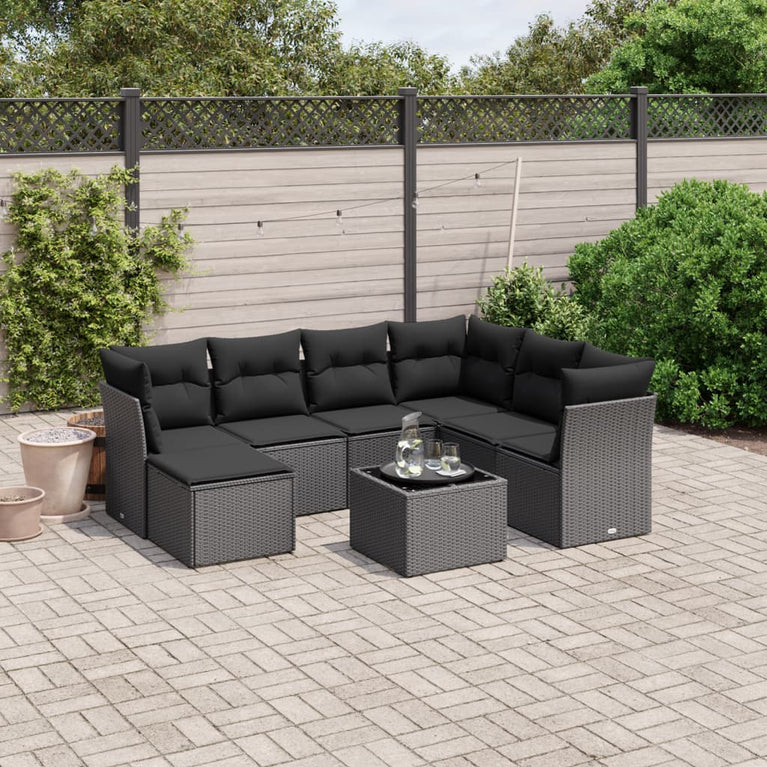 8-delige Loungeset met kussens poly rattan zwart