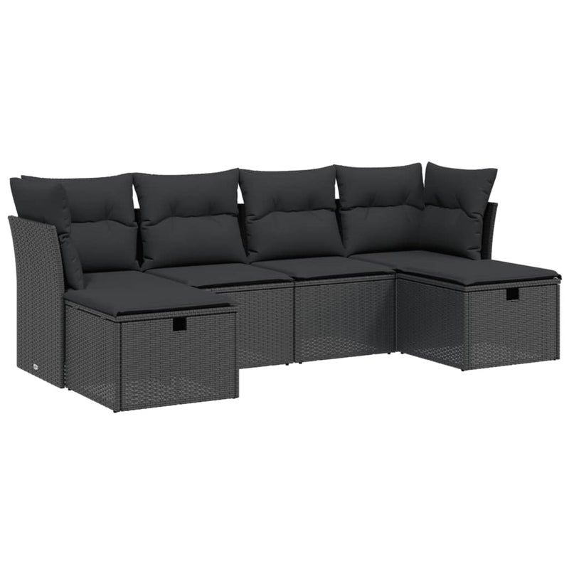 6-delige Loungeset met kussens poly rattan zwart