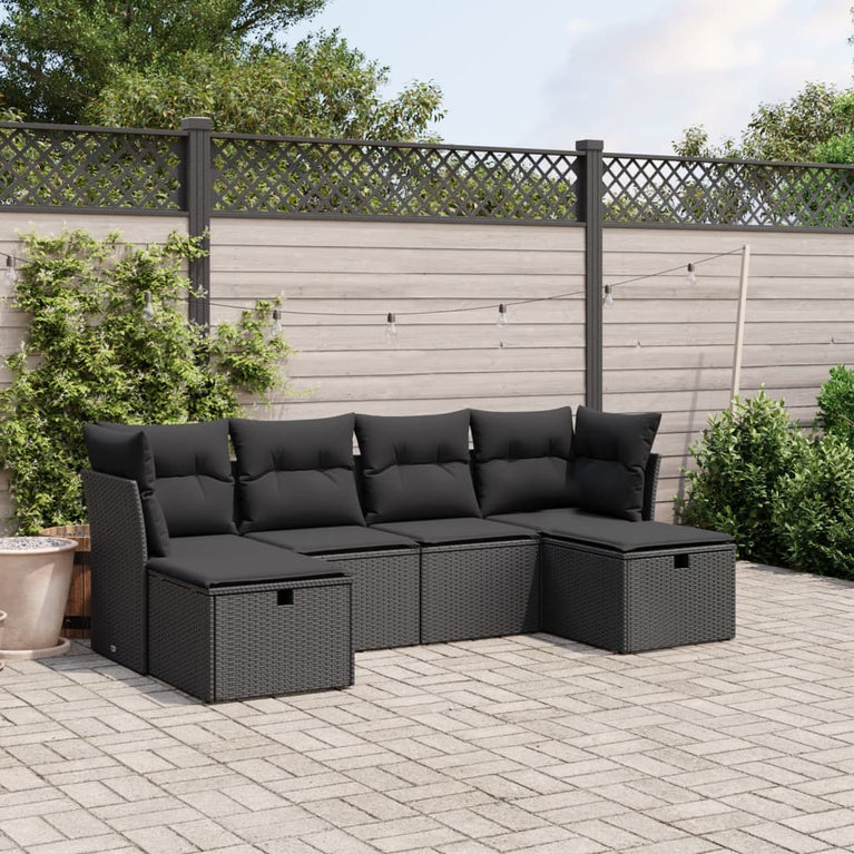 6-delige Loungeset met kussens poly rattan zwart