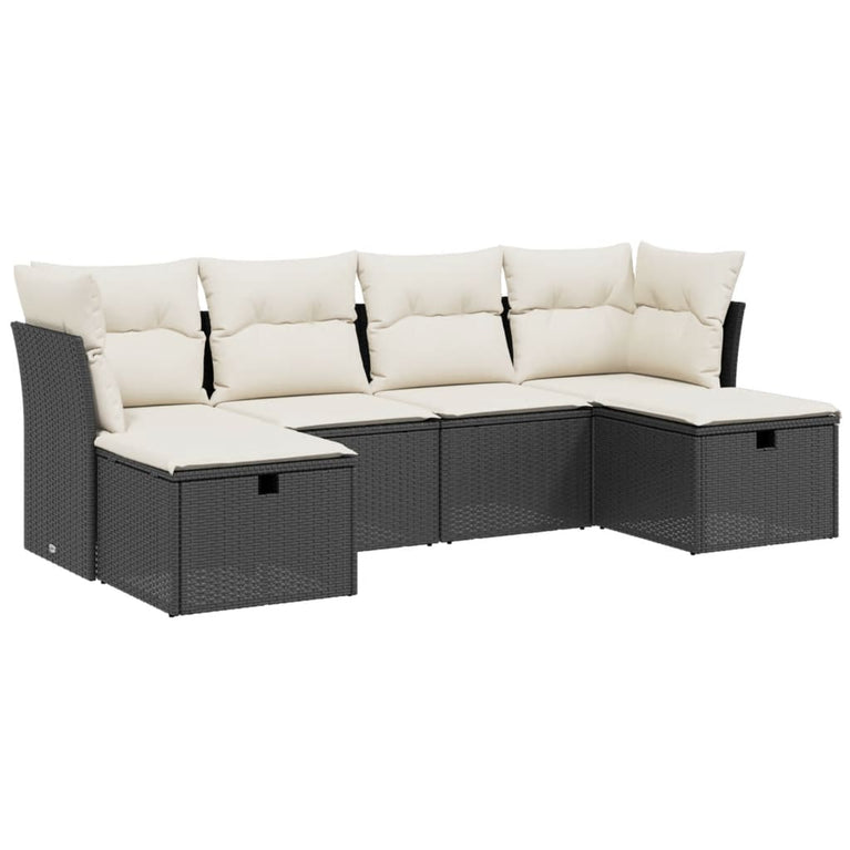 6-delige Loungeset met kussens poly rattan zwart
